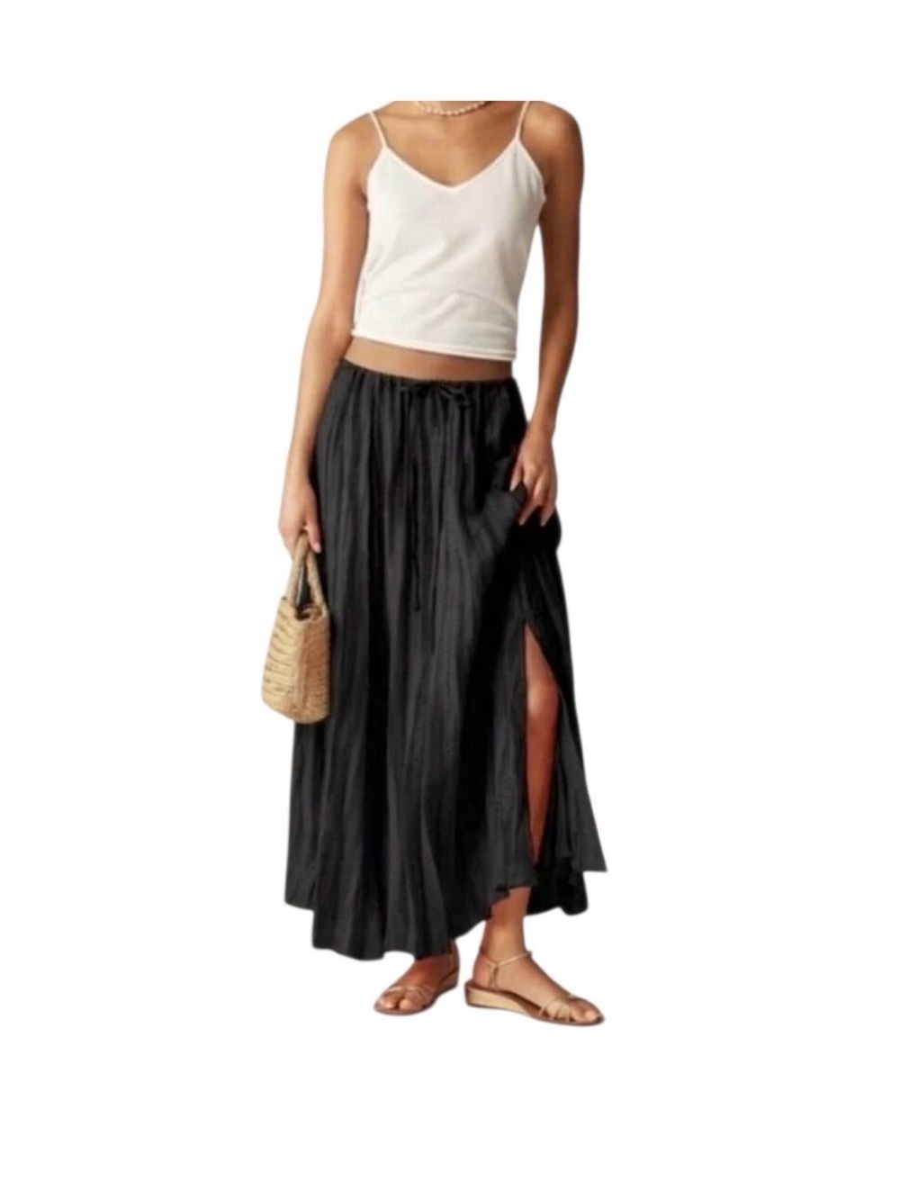 J Crew Pleated Linen Blend Sheer Drawstring Maxi Skirt Black Airy Front Slit. S